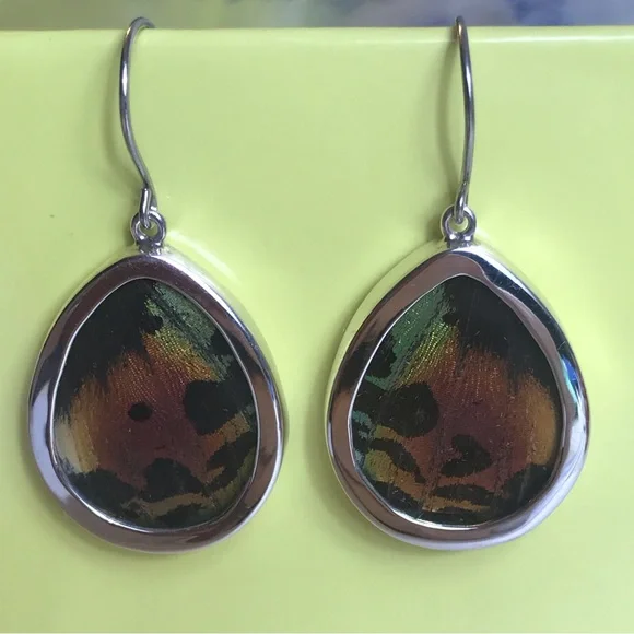 Real Butterfly Wing Earrings Sterling Silver Handmade Jewelry Oval Teardrop - Picture 2 of 9